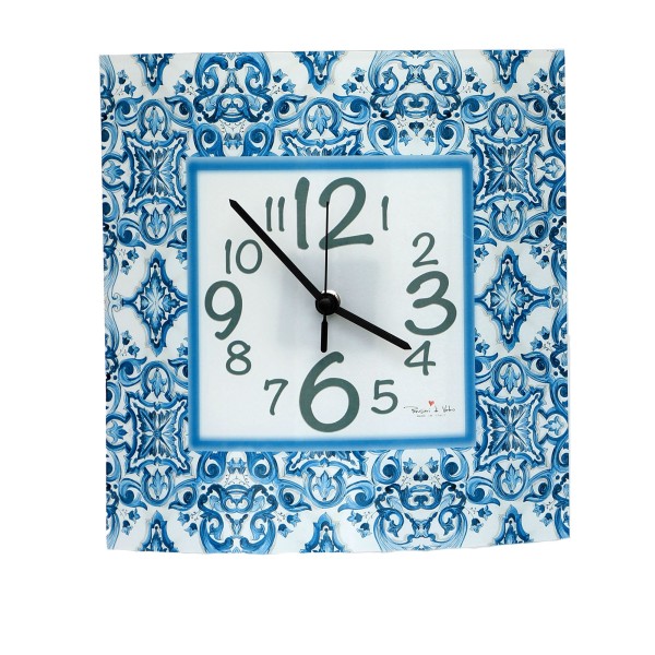 Orologio da Tavolo Curvo in Vetrofusione  Decoro Blue Mediterraneo Made in Italy 26x28 cm