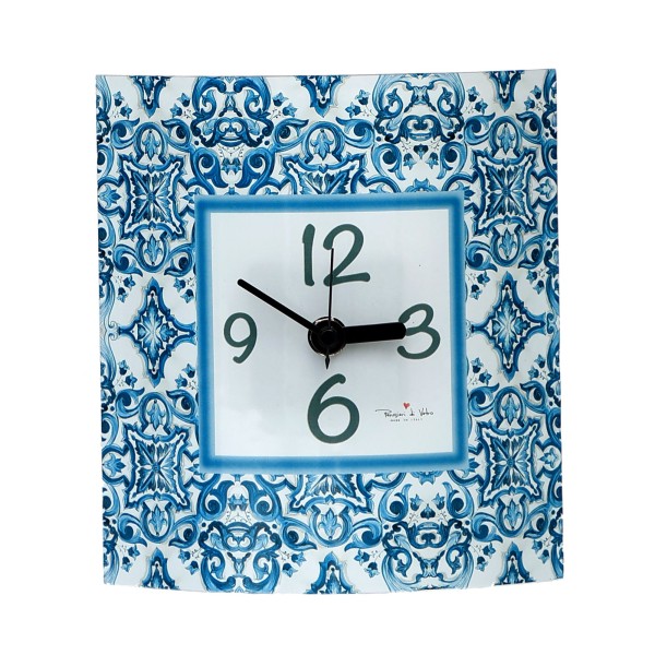 Orologio da Tavolo Curvo in Vetrofusione  Decoro Blue Mediterraneo Made in Italy 16x18 cm