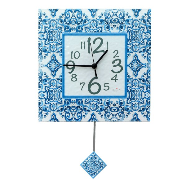 Orologio a Pendolo da Muro in Vetrofusione  Decoro Blue Mediterraneo Made in Italy 32X32 CM