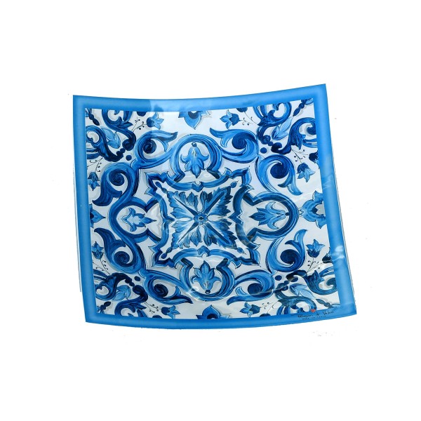 Piattino Curvo in Vetrofusione  Decoro Blue Mediterraneo Made in Italy 14x14 cm